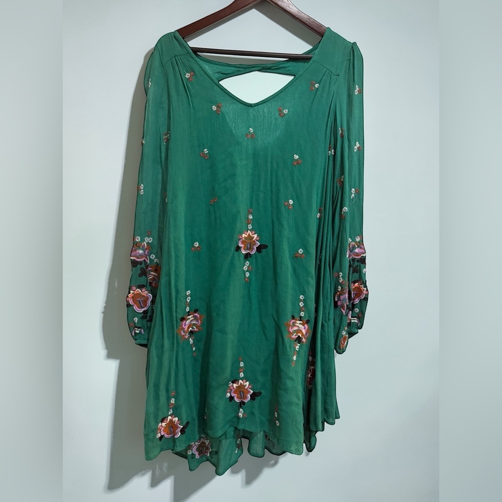 Free People Emerald Green Floral Embroidered Long Sleeve Midi Dress